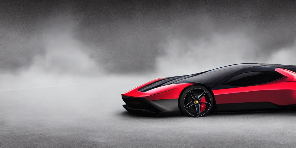 Image similar to a electric sport car designed by ferrari, outdoor magazine, ambient light, fog