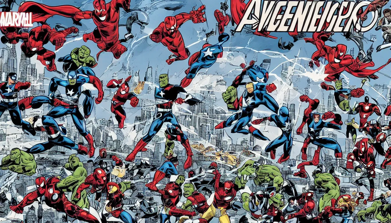 Image similar to a wide angle action shot of avengers defending brooklyn bridge from alien invasion, in the style of marvel comics, graphic novel