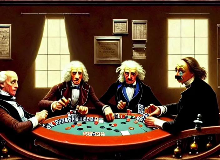 Image similar to isaac newton and stephen hawkins and albert einstein playing poker in an old west saloon, intricate, highly detailed, centered, digital painting, artstation, concept art, smooth, sharp focus, illustration, art by james gurney and norman rockwell and greg rutkowski