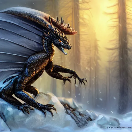 Image similar to handsome cute black dragon in snowy forest, dnd character, background focus, fantasy, magic, realistic textured skin, hawk feather, hawk wings, lizard legs, lizard pose, big eyes, clear clean, by lya kushinov, Avetetsuya Studios, Alexandra Fomina artstation, by Makoto Shinkai, digital 2D, matte painting