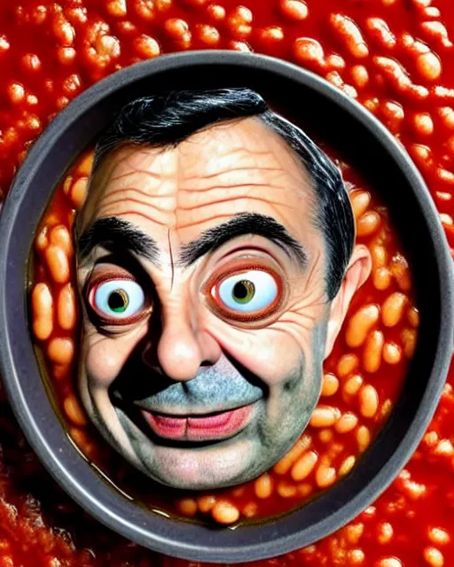 Prompt: portrait of mr bean's face in a bowl full of baked beans, face covered in beans and tomato sauce, beans in his eyes sockets, pile of beans on his head, tomato sauce in his eyes, open mouth full of with baked beans, overflowing with baked beans, rowan atkinson, muted colors, surrealist oil painting, highly detailed