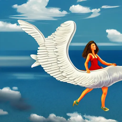 Prompt: Digital art of a woman riding a giant seagull in the sky