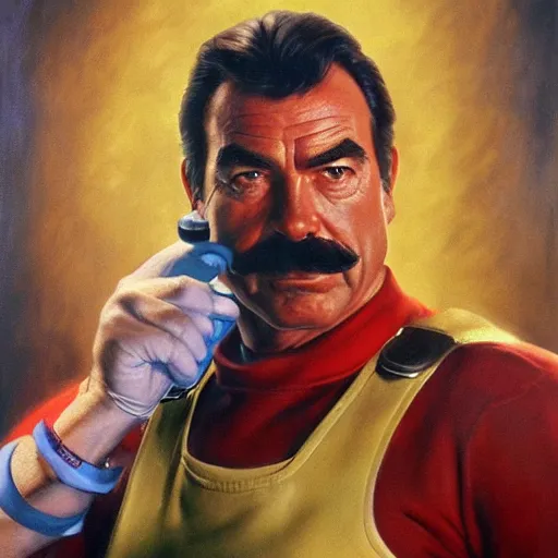 Image similar to ultra realistic portrait painting of tom selleck as super mario, art by frank frazetta, 4 k, ultra realistic, highly detailed, epic lighting