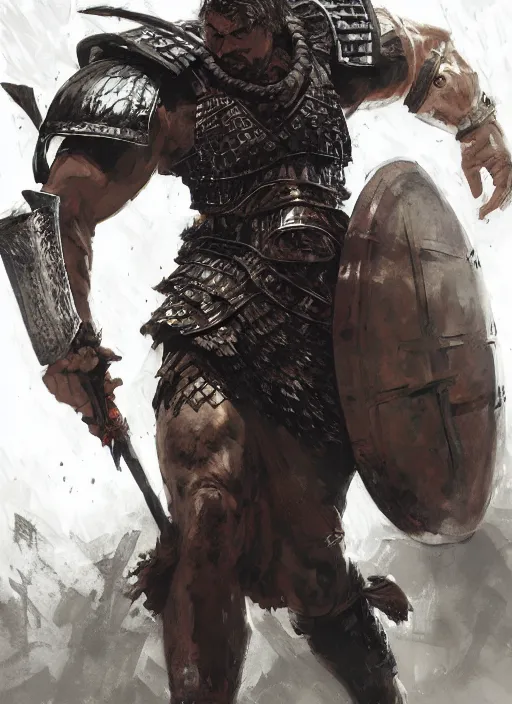 Image similar to ancient historically accurate depiction of the Bible Character Goliath of Gath, the Philistine warrior giant in ancient persian chainmail armor, dramatic lighting art by Yoji Shinkawa by Richard Schmid by greg rutkowski by Sandra Chevrier by Jeremy Lipking cinematic dramatic