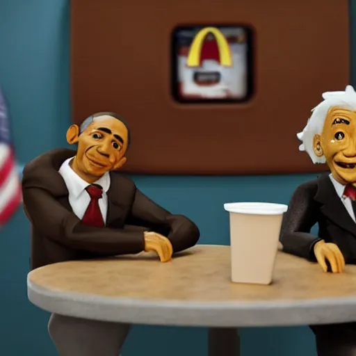 Image similar to Einstein and Obama taking a shit on table at McDonalds, ultra detailed, photorealistic, dramatic lighting