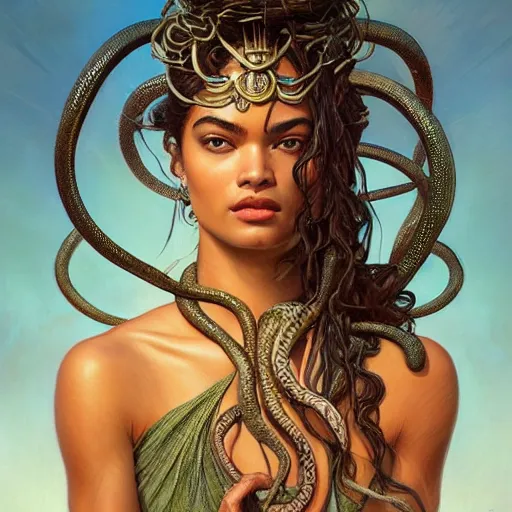 Image similar to Shanina Shaik as Medusa, frowning, scowl, snakes for hair, intricate, elegant, highly detailed, digital painting, artstation, concept art, smooth, sharp focus, illustration, art by artgerm and greg rutkowski and alphonse mucha