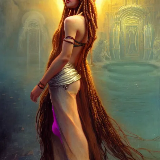 Image similar to unreal engine, octane render, 8 k birth of sumerian goddess inanna ishtar, ashteroth, techno mystic goddess princess intergalactica, with aqua neon rapunzel dreadlocks, mami wata, detailed, by gaston bussiere, bayard wu, greg rutkowski, giger, maxim verehin, greg rutkowski, masterpiece, sharp focus,