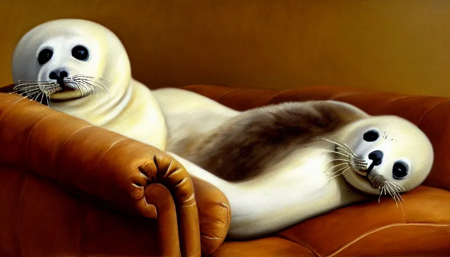 Image similar to highly detailed painting of cute furry white baby seal pupd cuddling up on a brown leather sofa with ice by william turner, thick brush strokes and visible paint layers, 4 k resolution, lounge background