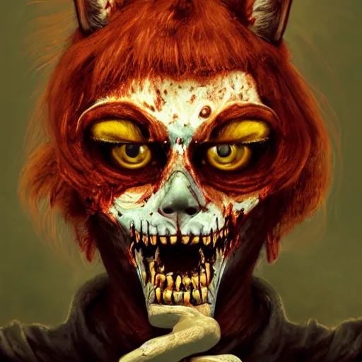 Image similar to color head portrait of ginger cat as a zombie, 7 days to die zombie, gritty background, fine art, award winning, intricate, elegant, sharp focus, cinematic lighting, digital painting, 8 k concept art, art by michael hussar, art by brom, art by guweiz and z. w. gu, 8 k