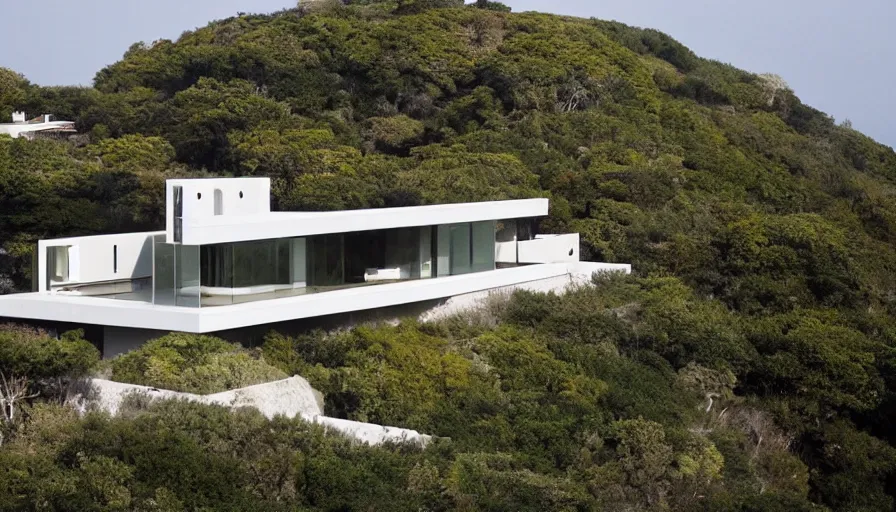 Prompt: modern house perched on a cliff overlooking a magnificient bay, drawing architecture, pritzker architecture prize, greig fraser