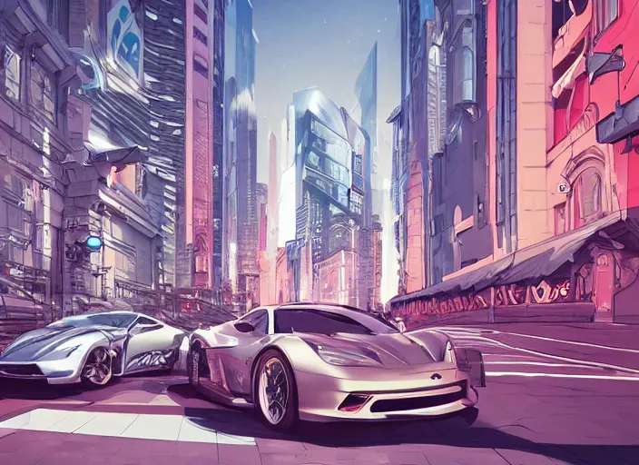 Image similar to a sport car in a city. sharp focus, cinematic pose, cinematic lighting, unreal engine render. art by josan gonzales and moebius and deathburger.