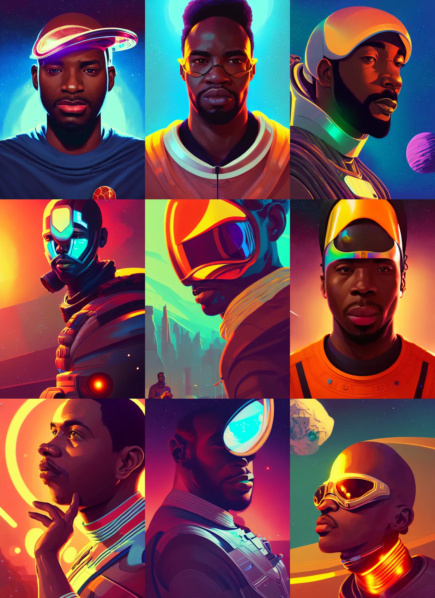 Prompt: retrofuturistic portrait of a black man, space graphics art in background, close up, wlop, dan mumford, artgerm, liam brazier, peter mohrbacher, 8 k, raw, featured in artstation, octane render, cinematic, elegant, intricate, 8 k