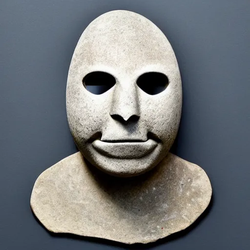 Image similar to a creepy stone mask with empty eyes and a smiling empty gaping mouth, the mask is smooth and has no nose