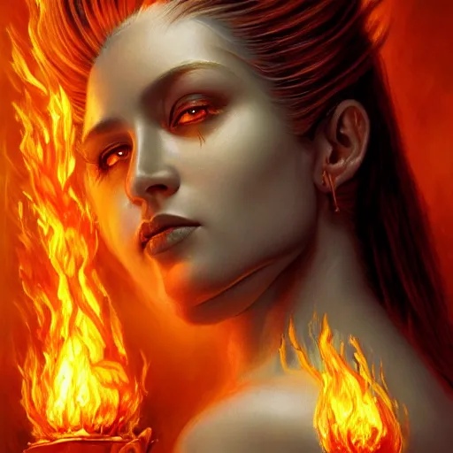 Image similar to A stunning portrait of a goddess, her body made of flames, by Jim Burns, 8K UHD, fantasy, Trending on artstation.