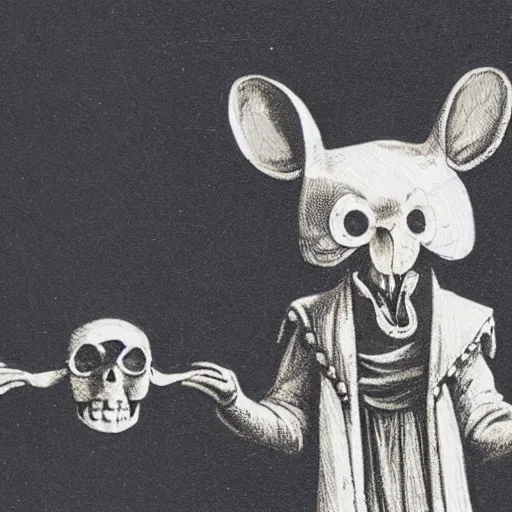 Prompt: photo of anthropomorphic rat with exposed skull wearing dark sorcerer robes