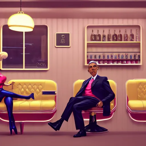 Image similar to illustration of nicki minaj sitting next to barack obama in a 6 0's vintage barbershop. symmetry, cinematic scene. ambient lighting, brownish colors, hyper detailed. octane render. concept art. trending on artstation.