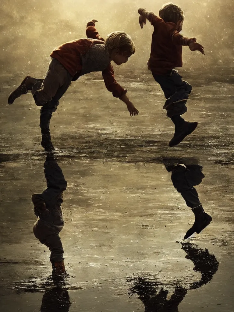 Image similar to jumping in puddles, by disney concept artists, blunt borders, rule of thirds, beautiful light