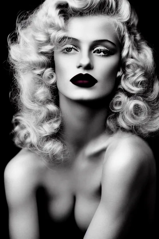 Prompt: stunning award - winning herb ritts portrait of a beautiful blonde woman. curly shiny hair. old hollywood makeup. vintage glamour. glossy dark lips. supermodel. high fashion black and white photography. vogue. nikon 5 0 mm f / 1. 6