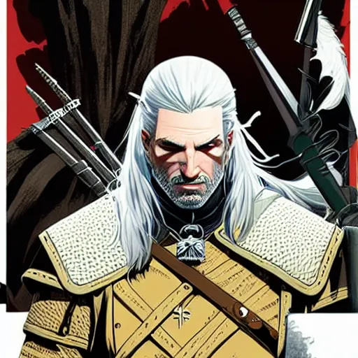 Image similar to geralt form witcher by RANGE MURATA and mucha