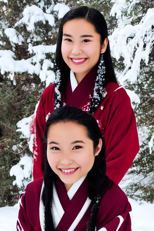 Prompt: full-length photo of real life Katara from Avatar, smiling, looking at camera in snowy winter, wearing kimono