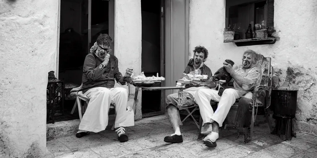 Image similar to cat sharing mortadella with his happy owner at a trullo house, photoreal, 3 5 mm, award winning photography