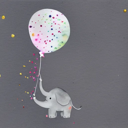 Image similar to watercolor gray baby elephant with trunk up in air and confetti flying in air, white background, blank background