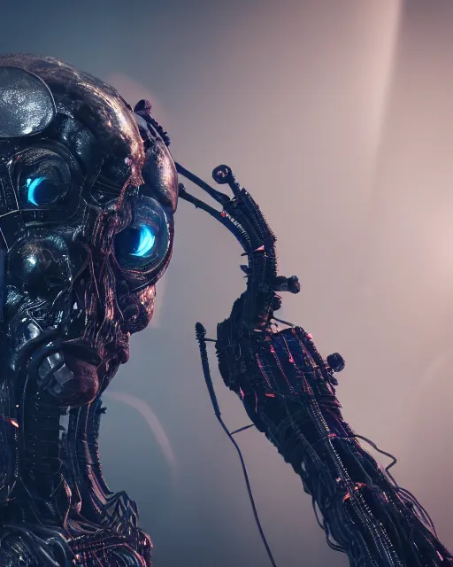 Prompt: a close up sci fi horror quarter - length portrait of a shadow demon fused into massive wires and wearing sci fi armor, cinematic lighting, smooth, high detail, glowing eyes, studio quality, unreal engine, octane render, by alexandros pyromallis, fog volumes, metal panels, greeble detail, cgsociety