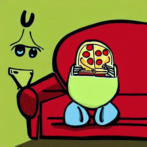 Prompt: pepe the frog chilling in the sofa eating pizza