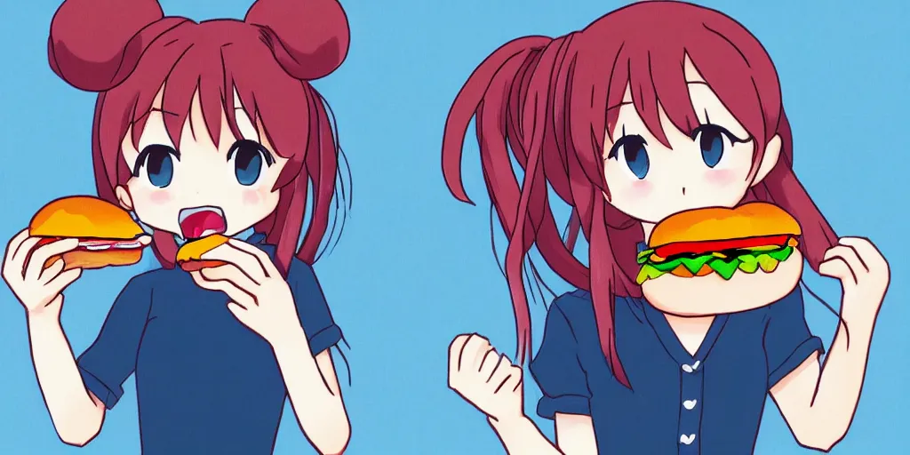 Image similar to a cute anime girl eating a hamburger, drawn in the style of studio trigger, H 640