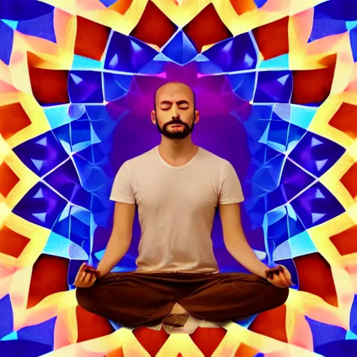 Prompt: A beautiful photograph of a man with a large head, sitting in what appears to be a meditative pose. His eyes are closed and he has a serene look on his face. His body is made up of colorful geometric shapes and patterns that twist and turn in different directions. It's almost as if he's sitting in the middle of a kaleidoscope! peach, rococopunk by Phoebe Anna Traquair stormy