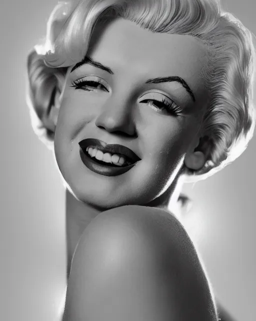 Image similar to Beautiful Head and shoulders portrait of smiling flirty Marilyn monroe with platinum blonde hair, wearing a camisole by alberto Vargas, arney freytag, artstation, 35mm, fashion photoshoot, laying on a bed in a photo studio, golden hour, bokeh, rim lighting, fashion pose, octane, 4k