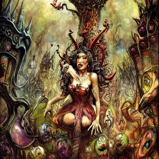 Image similar to princes of hell in alice in wonderland tripping on ayahuasca with faces in the background, intricate detail, painting, royo, frazetta, whealan,