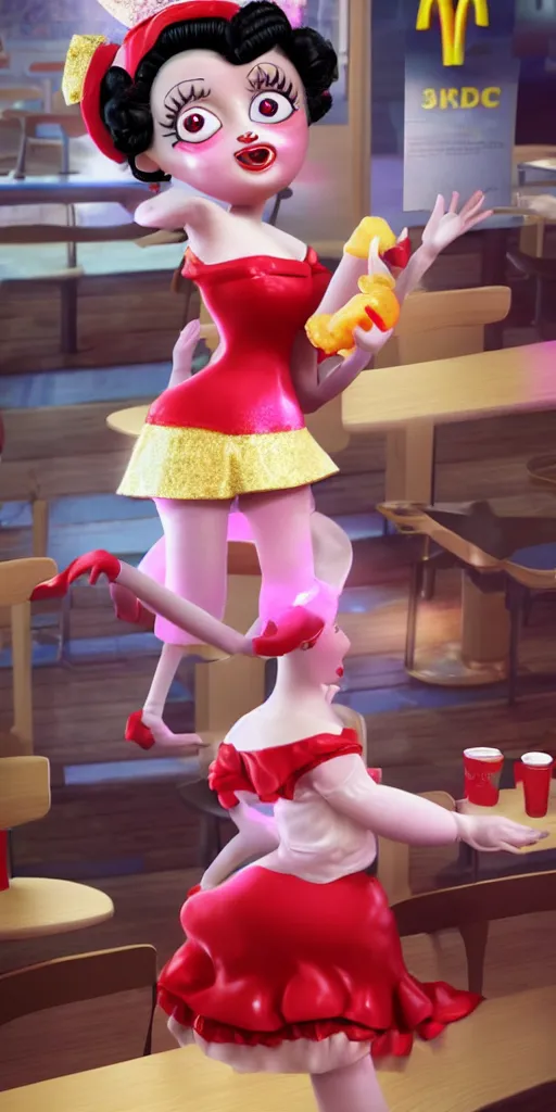 Image similar to Animatronic Betty Boop in Mc Donalds, real hair, dimly lit, photorealistic, hyper realistic 3d matte painting, unrealengine octane 3d render 4k