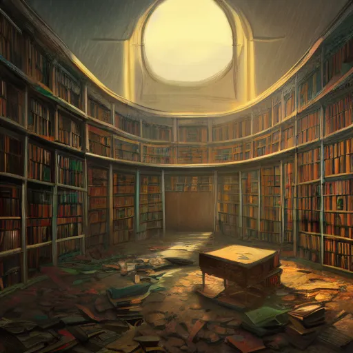 Prompt: abandoned library, concept art, 4 k digital painting, sunbeams, trending on artstation, detailed, medium shot