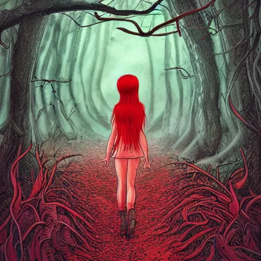 Image similar to a ultra detailed illustration of a red + haired + girl wandering alone in a mysterious forest in the style of thomke meyer and julia plath, on instagram, intricate, fantasy, hyperdetailed