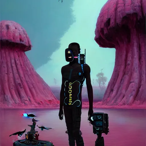 Prompt: a zulu cyberpunk hunter with a drone near a pink lake witha a baobab tree by greg rutkowski and android jones in a surreal portrait style, oil on canvas, 8k resolution.