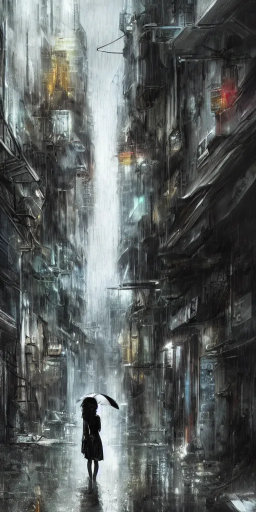 Image similar to a concept art landscape of a woman in the foreground, back to camera, standing in a claustrophobic alley of seedy futuristic city, standing in the rain with an umbrella, wet, emphasis on tall buildings, dirty, low angle