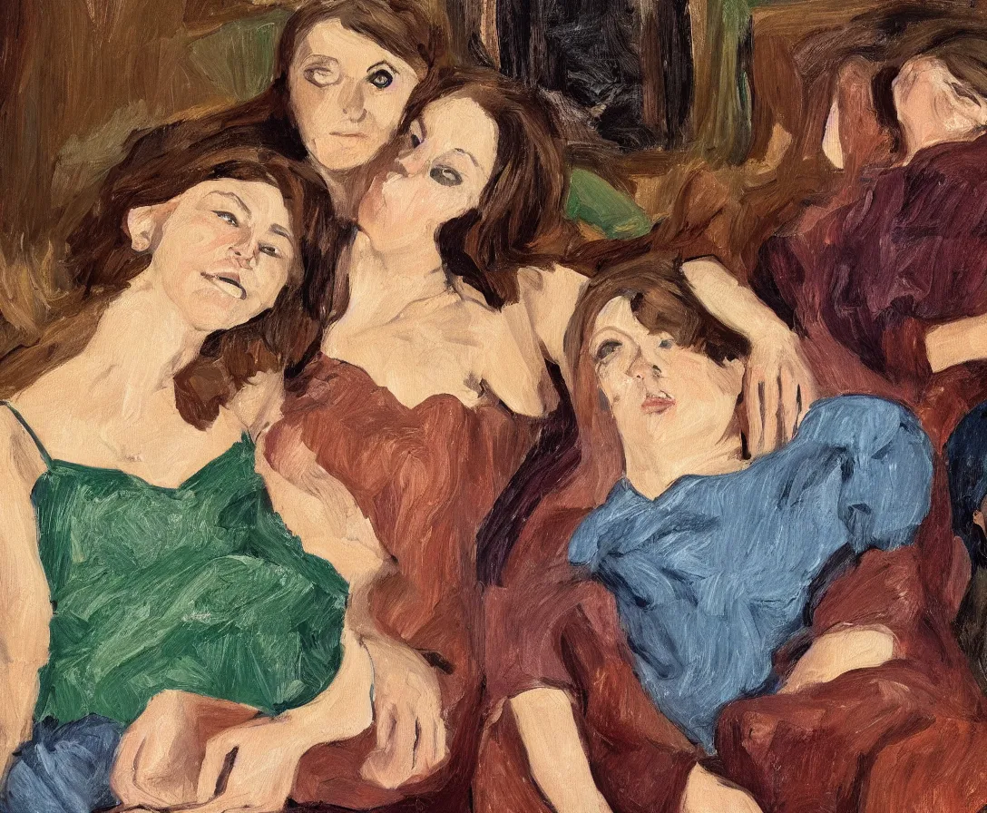 Prompt: portrait of pretty bella and esther with brown hair lying horizontal next to each other, in an old english apartment on a brown leather sofa. one is wearing a dark blue sweather, the other a white shirt. close up. in the style of lucien freud. oil painting. green light. thick colorful brush strokes. smiling