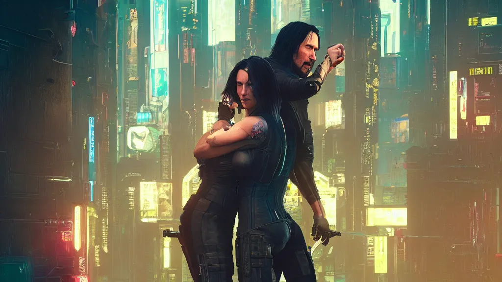 Image similar to a cyberpunk 2077 srcreenshot couple portrait of Keanu Reeves and V as a female android final kisse in night city,love,film lighting,by Lawrence Alma-Tadema,Andrei Riabovitchev,Laurie Greasley,Dan Mumford,John Wick,Speed,Replicas,artstation,deviantart,FAN ART,full of color,intricate,smooth,Digital painting,illustration,face enhance,highly detailed,8K,octane,golden ratio,cinematic lighting