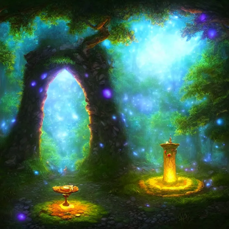 Image similar to Fantasy Magical fairy-tale glowing stone portal in the forest. Round stone portal teleport in trees to other worlds. Fantastic landscape. Magic Altar in the fores, highly detailed, digital painting, artstation