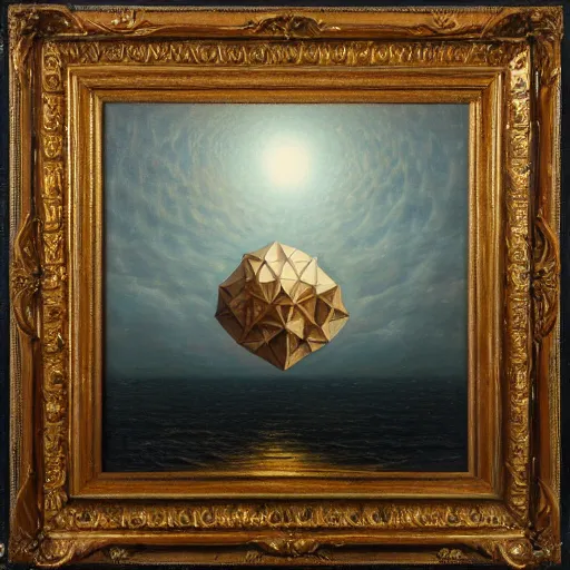 Image similar to a highly detailed oil painting of an icosahedron floating above a lake, Agostino Arrivabene, painted on ancient wood