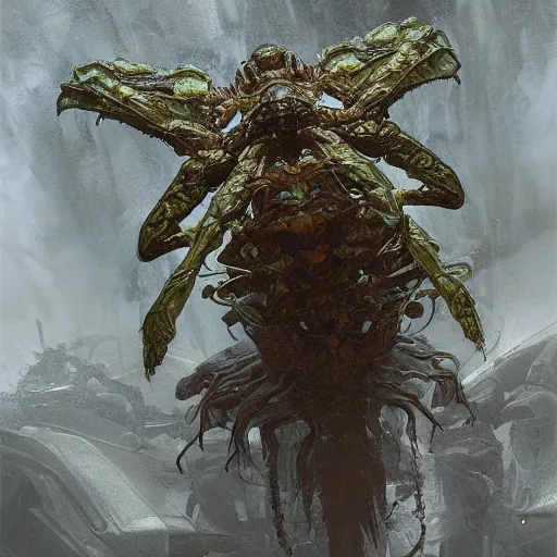 Prompt: a thargoid pilot character as a zerg water strider insect, highly detailed, digital painting, artstation, concept art, wallpaper, smooth, sharp focus, illustration, art by giger and artgerm and greg rutkowski and alphonse mucha