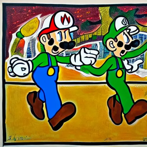 Image similar to a painting of mario and luigi in the style of stanley donwood