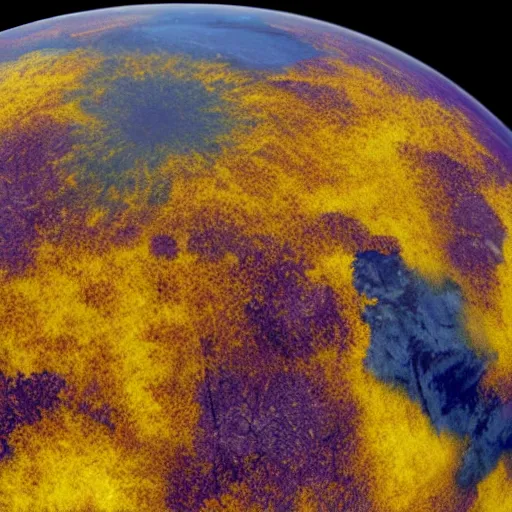 Prompt: a planet in shape of cube, filled with dark red oceans and yellow vegetation, satellite image