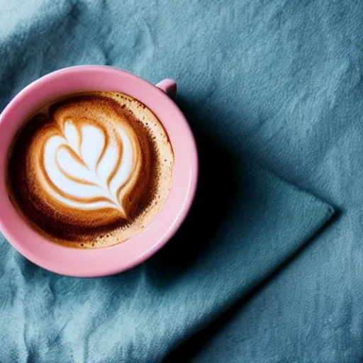 Prompt: cappuccino in a beautiful ceramic cup on a pastel pink table, freshly baked croissant on a pretty plate with butter