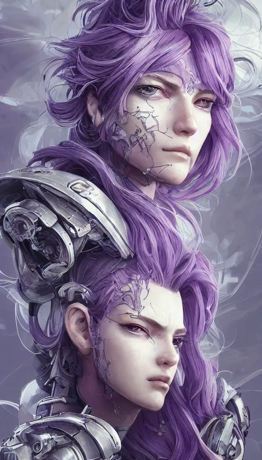 Image similar to close facial portrait of a pale woman in power armor with flowing purple hair, elegant, stoic, intense, ultrafine hyperdetailed illustration by kim jung gi, irakli nadar, intricate linework, sharp focus, bright colors, octopath traveler, final fantasy, hearthstone, highly rendered, global illumination, radiant light, detailed, intricate environment