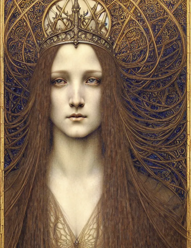 Image similar to detailed realistic beautiful young medieval queen face portrait by jean delville, gustave dore and marco mazzoni, art nouveau, symbolist, visionary, gothic, pre - raphaelite. horizontal symmetry