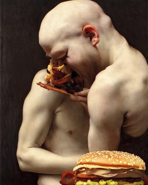 Prompt: saturn devouring his big mac, by edgar maxence and caravaggio and michael whelan, intricate painting, hyper realistic, extremely detailed and beautiful aesthetic face, 8 k resolution