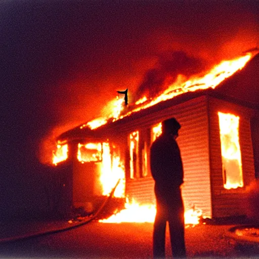 Image similar to a movie scene of a burning house, a man standing and watching the house while it's burning, by Roger Deakins, by Stanley Kubrick, cinestill 800t, HD, high detail, trending on artstation