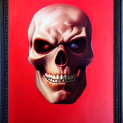 Image similar to ultra realistic head and shoulders portrait painting of red skull, art by frank frazetta, 4 k, ultra realistic, highly detailed, epic lighting